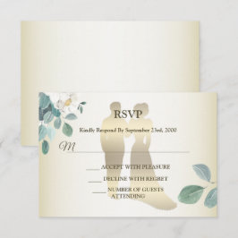 Green Leaves Flower Golden Frame Modern Wedding RSVP Kaartje