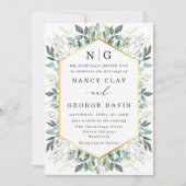 Green Leaves Gold Border Monogram Huwelijk Kaart (Voorkant)
