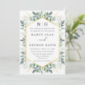 Green Leaves Gold Border Monogram Huwelijk Kaart (Staand voorkant)