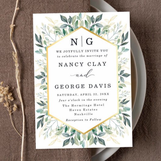 Green Leaves Gold Border Monogram Huwelijk Kaart