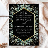 Green Leaves Gold Border Monogram Zwart Trouwen Kaart