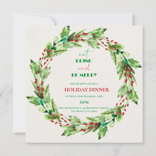 Green Leaves Krans Kerstfeest Uitnodiging (Voorkant)