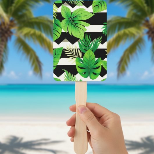 Green Leaves on B&W Stripes Fans - Modern Handwaaier