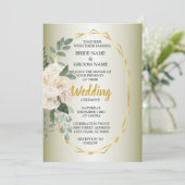 Green Leaves Pink Floral Golden Geometric Wedding Kaart (Staand voorkant)