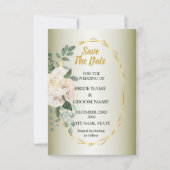 Green Leaves Pink Floral Golden Geometric Wedding Save The Date (Voorkant)