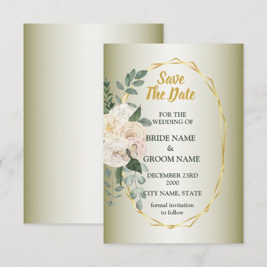 Green Leaves Pink Floral Golden Geometric Wedding Save The Date (Voorkant / Achterkant)
