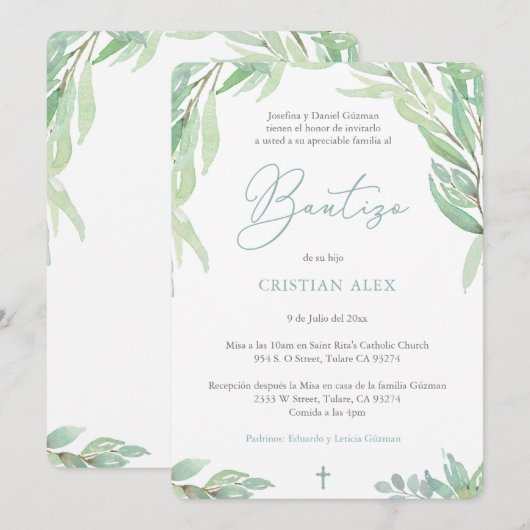 Green Leaves Spain Bautizo, Greenery Boy Baptism Kaart (Voorkant / Achterkant)