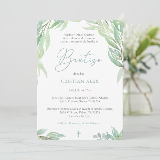 Green Leaves Spain Bautizo, Greenery Boy Baptism Kaart (Staand voorkant)