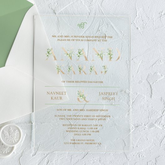 Green Leaves Typography Anand Karaj Sikh Wedding Acryl Uitnodigingen