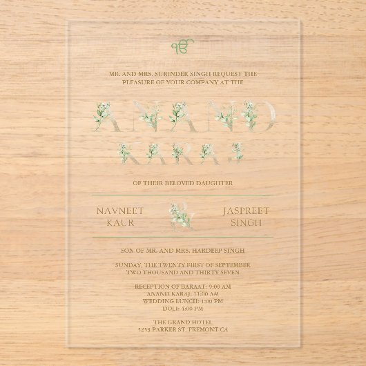 Green Leaves Typography Anand Karaj Sikh Wedding Acryl Uitnodigingen (Voorkant)