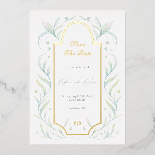 Green Leaves Wedding Bewaar de datum Folie Uitnodiging (Voorkant)