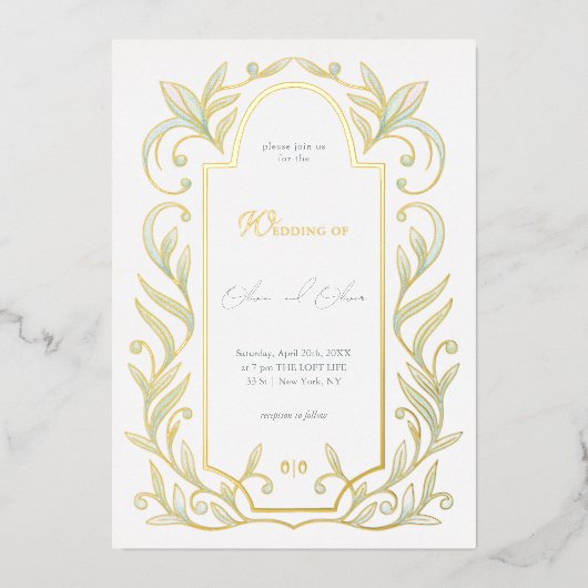 Green Leaves Wedding Folie Uitnodiging (Voorkant)