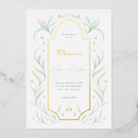 Green Leaves Wedding Folie Uitnodiging (Voorkant)