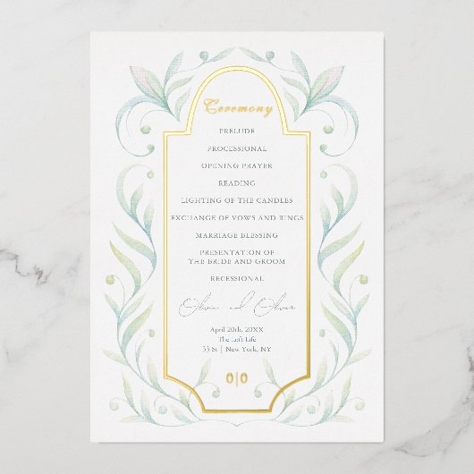 Green Leaves Wedding Programme Folie Uitnodiging (Voorkant)