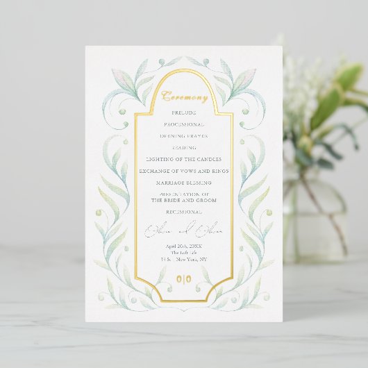 Green Leaves Wedding Programme Folie Uitnodiging (Staand Voorkant)
