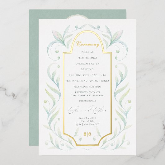 Green Leaves Wedding Programme Folie Uitnodiging (Voorkant / Achterkant)