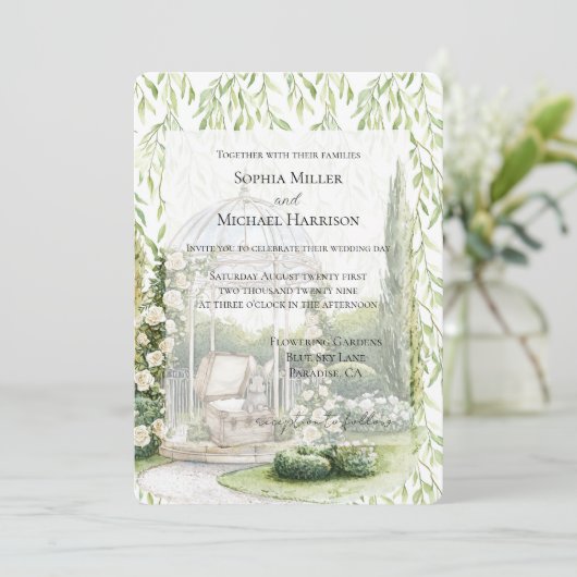 Green Leaves White Floral Love Bunny Wedding Kaart (Staand voorkant)