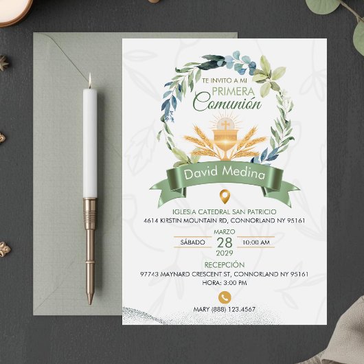 Green Leaves Wreath First Holy Communion Catholic Kaart