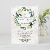 Green Leaves Wreator Cross Marble Boy Baptisme Kaart (Staand voorkant)