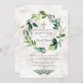 Green Leaves Wreator Cross Marble Boy Baptisme Kaart (Voorkant / Achterkant)