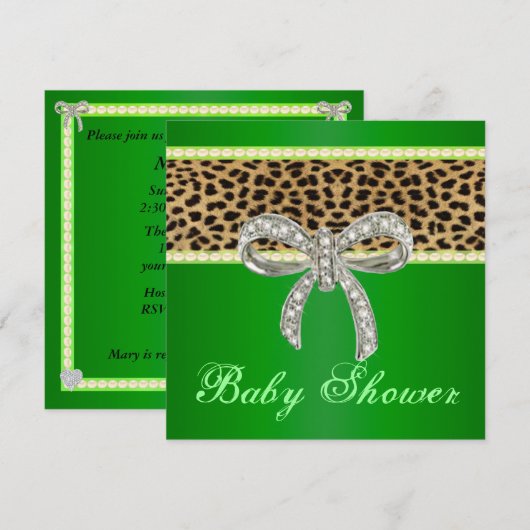 Green Leopard Diamond Bow Baby shower Uitnodiging (Voorkant / Achterkant)