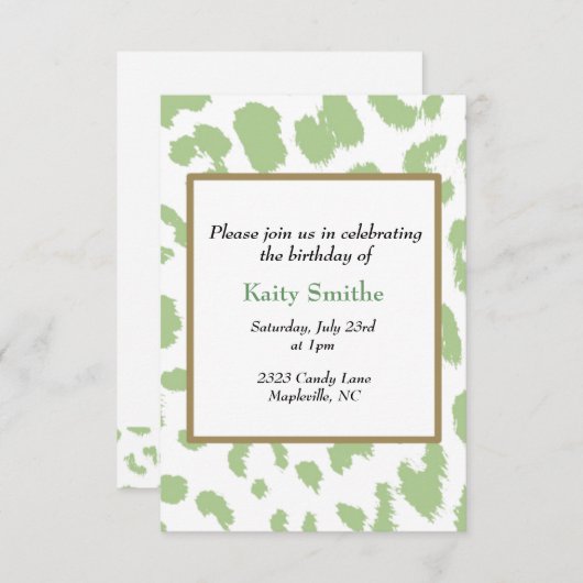 Green Leopard Pattern Birthday Invitation Kaart (Voorkant / Achterkant)