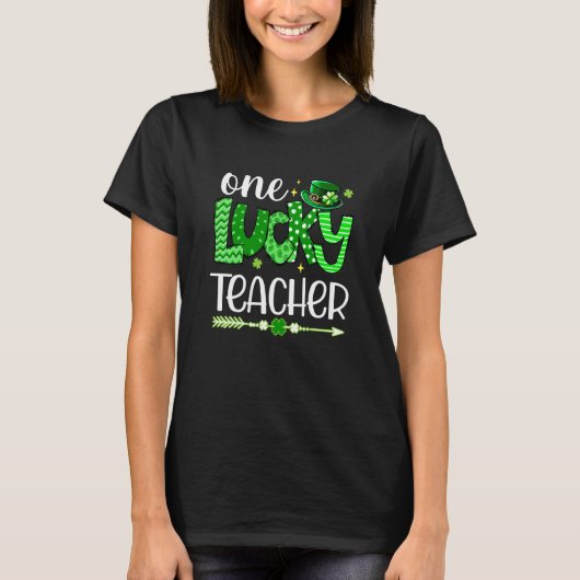 Green Leopard Shamrock One Lucky Teacher St Patric T-shirt (Voorkant)