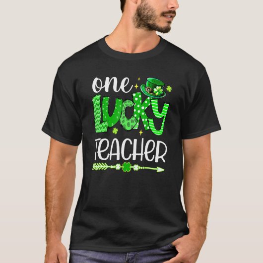 Green Leopard Shamrock One Lucky Teacher St Patric T-shirt (Voorkant)