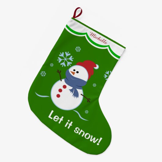 Green Let it Snow Snowman Personalized Grote Kerstsok (Voorkant (Hangend))