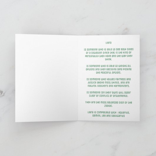 Green Libra Sign Birthday Kaart (Binnen)