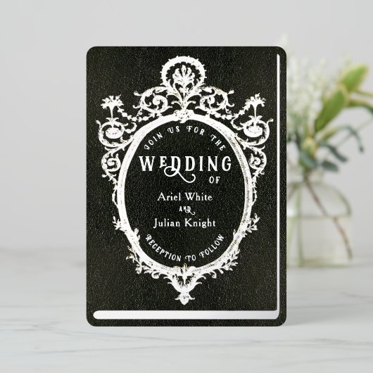 Green Library Book Wedding Ornate Frame Silver Folie Uitnodiging (Staand Voorkant)