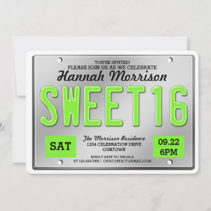 Green License Bord Sweet 16 Party-uitnodigingen Kaart