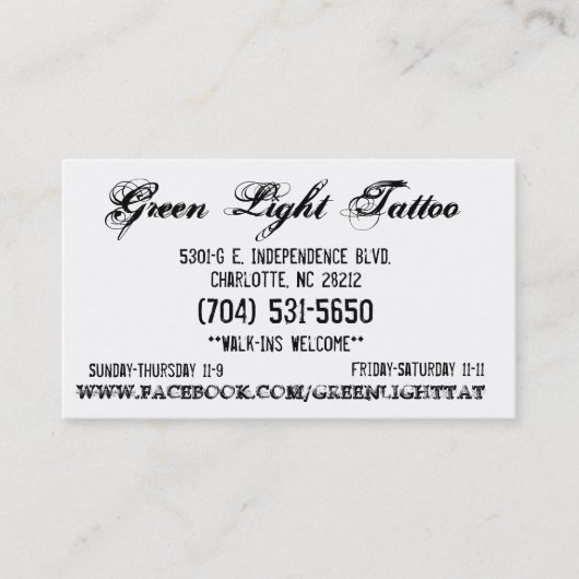 Green Light-Tattoo-kaart Visitekaartje (Voorkant)