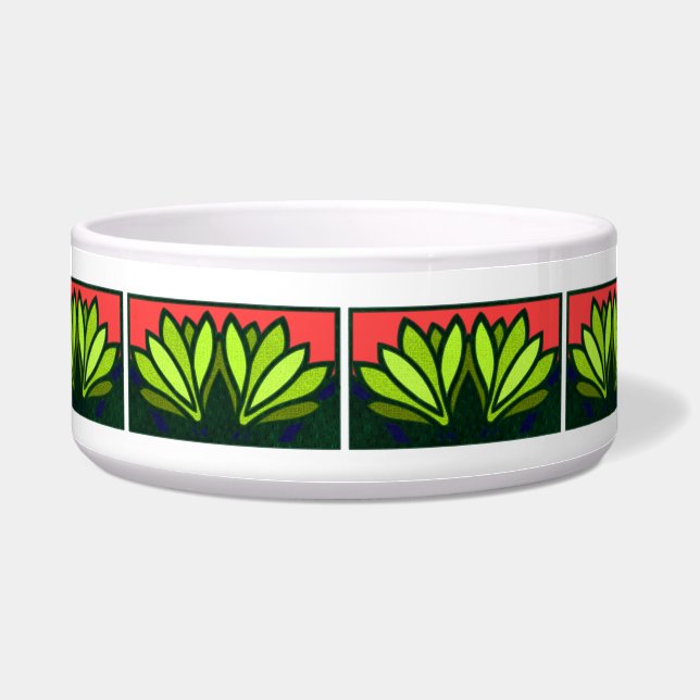 Green Lily Flower Pattern Ceramic Dog Bowl Voerbakje (Voorkant)