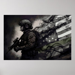 Green Line American Flag Military Female Tribute Poster