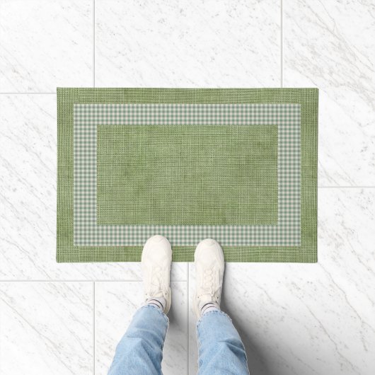 Green Linen and Gingham Check Kitchen Mat (Binnen)