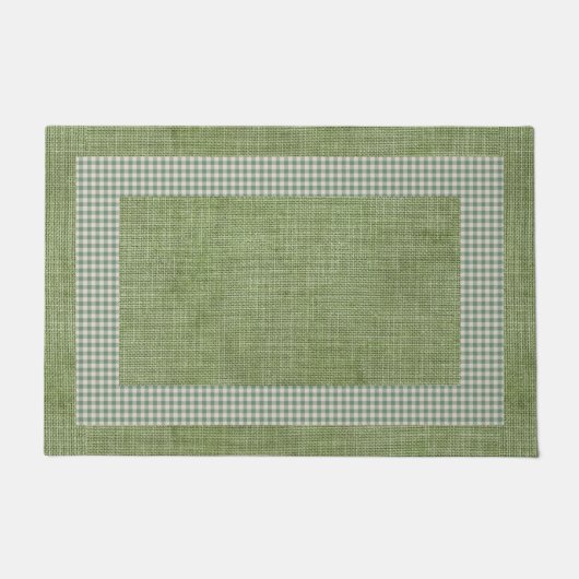Green Linen and Gingham Check Kitchen Mat (Voorkant)