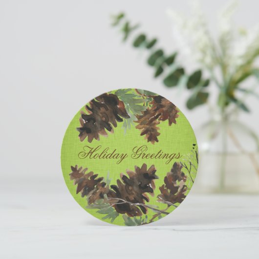 Green Linen Pine Cones Christmas Greeting Card Feestdagenkaart (Staand voorkant)
