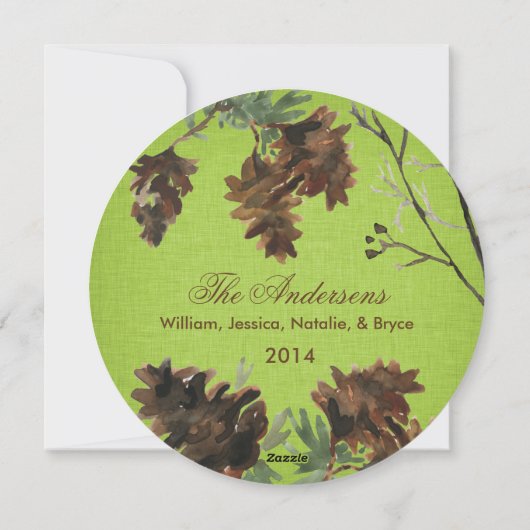 Green Linen Pine Cones Christmas Greeting Card Feestdagenkaart (Achterkant)