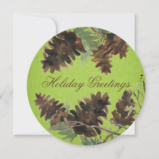 Green Linen Pine Cones Christmas Greeting Card Feestdagenkaart (Voorkant)