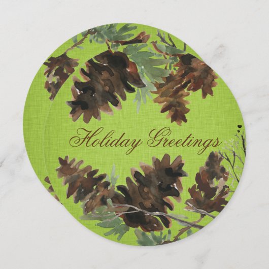 Green Linen Pine Cones Christmas Greeting Card Feestdagenkaart (Voorkant / Achterkant)