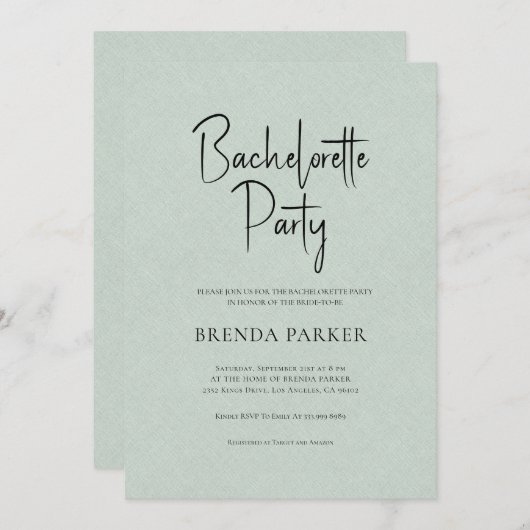 Green Linen Simple Black Script Bachelorette Party Kaart (Voorkant / Achterkant)