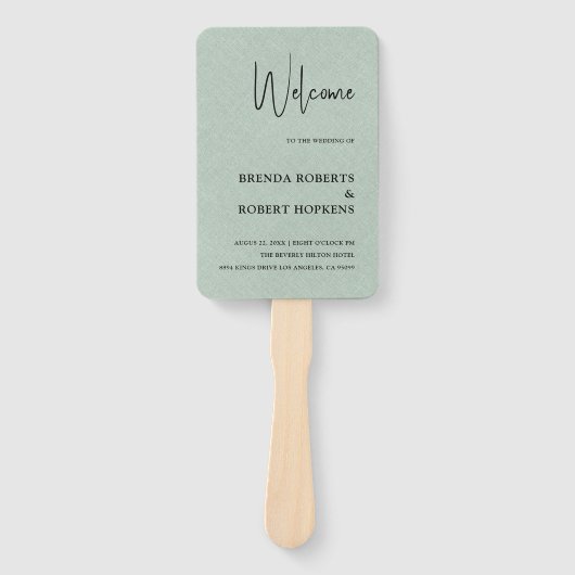 Green Linen Simple Black Script Weddenschap Hand F Handwaaier (Voorkant)