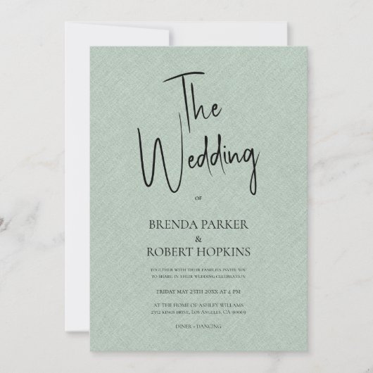 Green linen Simple Black Script Wedding Invite Kaart (Voorkant)