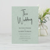 Green linen Simple Black Script Wedding Invite Kaart (Staand voorkant)