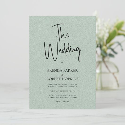 Green linen Simple Black Script Wedding Invite Kaart (Staand voorkant)