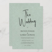 Green linen Simple Black Script Wedding Invite Kaart (Voorkant / Achterkant)