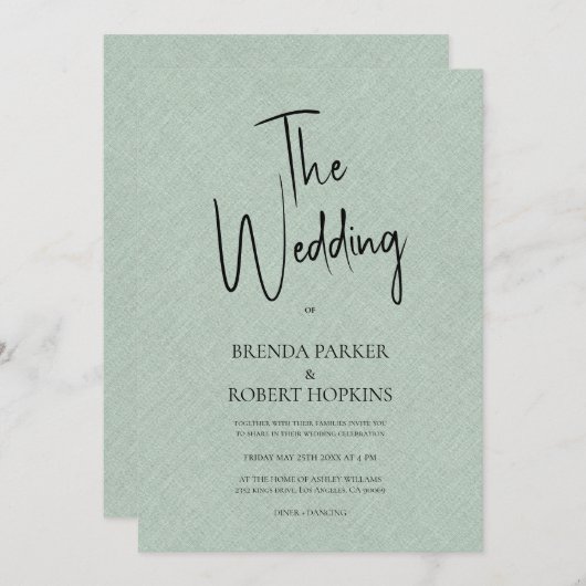 Green linen Simple Black Script Wedding Invite Kaart (Voorkant / Achterkant)