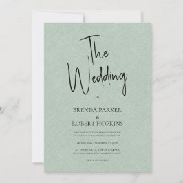 Green linen Simple Black Script Wedding Invite Kaart