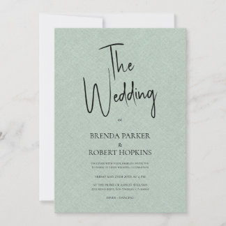 Green linen Simple Black Script Wedding Invite Kaart
